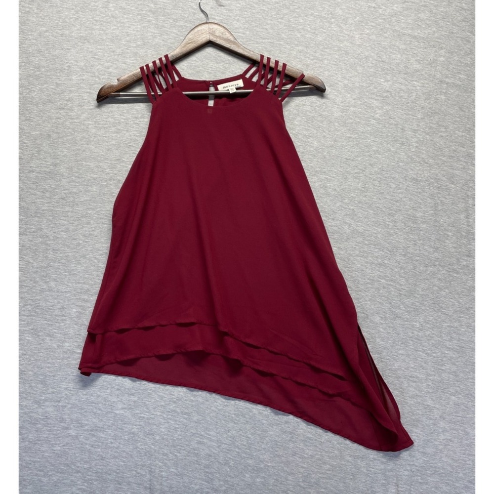 Monoreno Layered Blouse Top Women Medium Burgundy Asymmetrical Hem Ladder Strap
